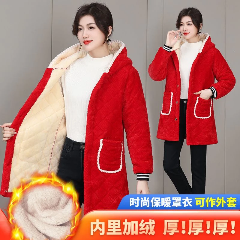 洋气冬季三层加绒加棉罩衣年轻棉衣女大码外套工作服中长保暖上衣