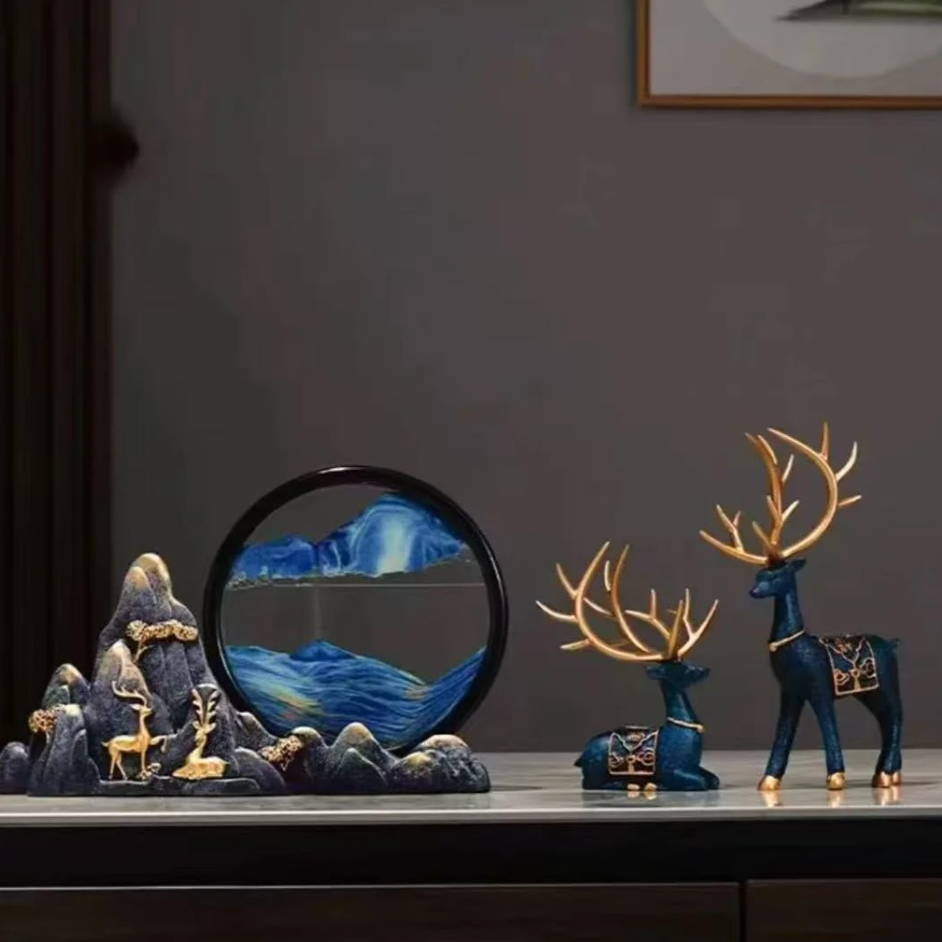 意境山水流沙画创意新中式轻奢鹿摆件电视柜客厅酒柜装饰品情人节