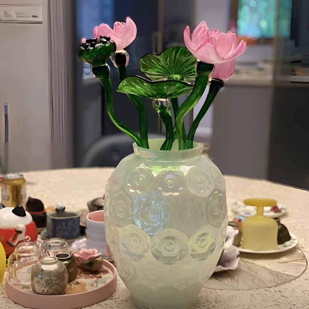 淄博纯熟工琉璃荷花“好运连连”幸福美满家居摆件