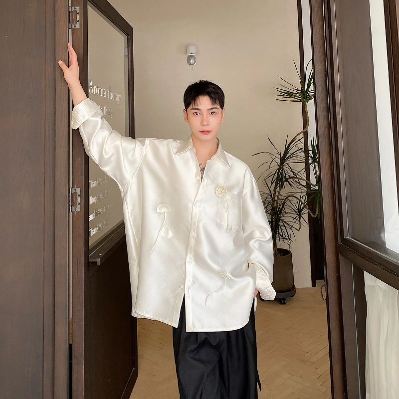 秋季韩版男士白色小众翻领长袖男衬衣潮流雅痞宽松衬衫26120115