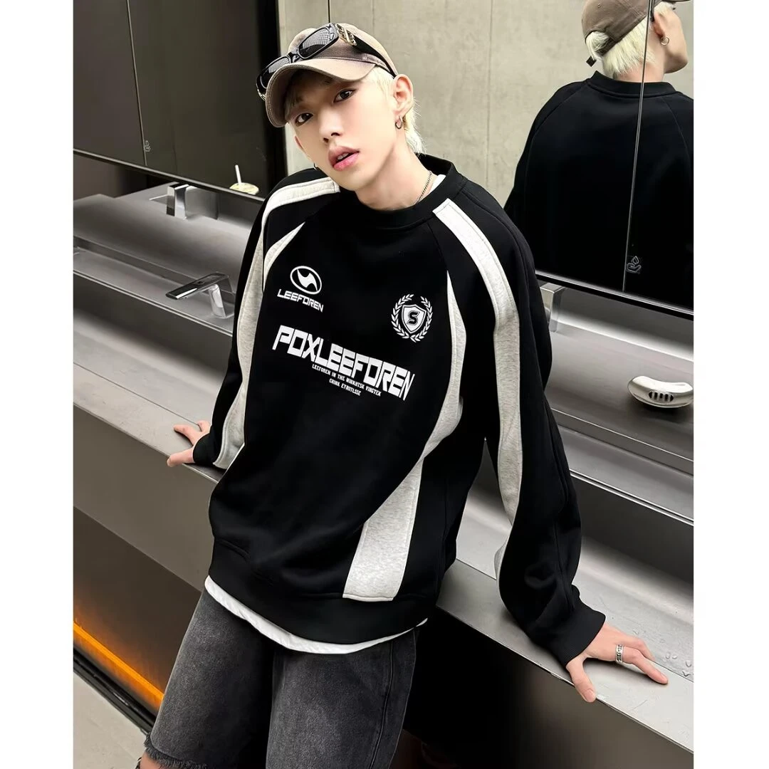 美式复古拼色卫衣男2025新款青少年休闲运动秋冬季痞帅百搭上衣