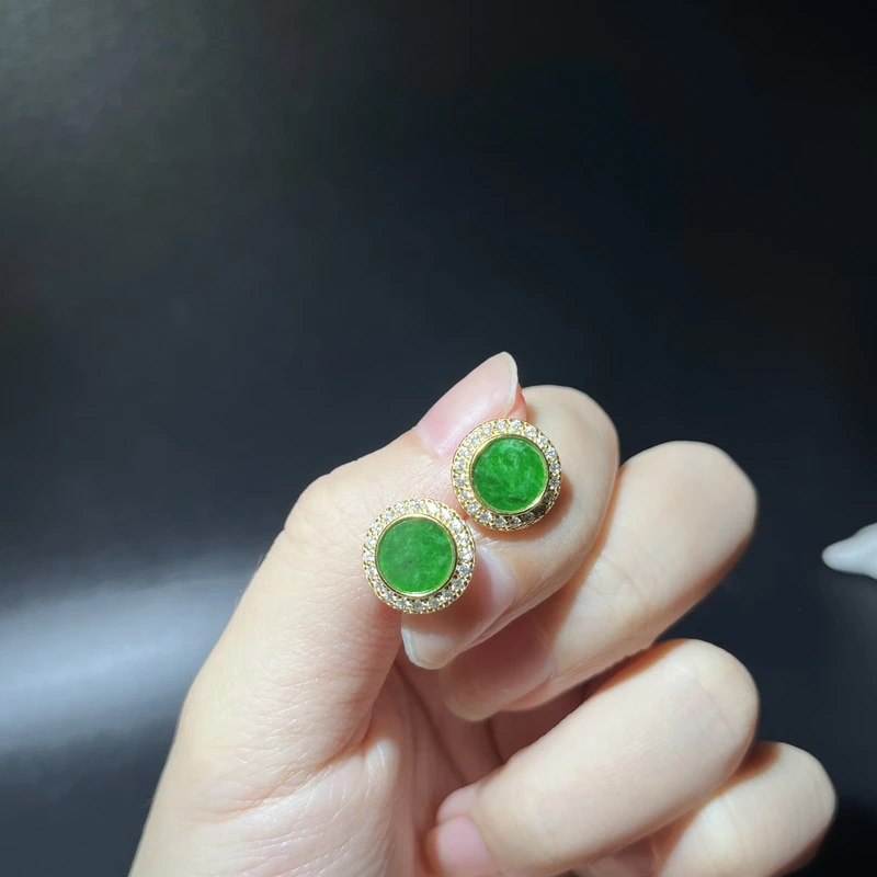 天然缅甸A货翡翠满色时尚气质精美冰阳绿镶嵌耳钉