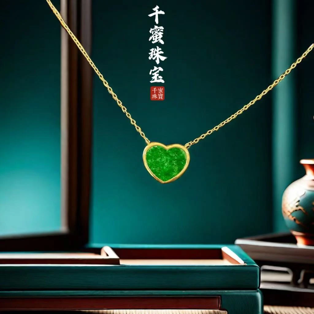 天然缅甸A货翡翠满色时尚轻奢爱心项链吊坠百搭简约精致经典古法