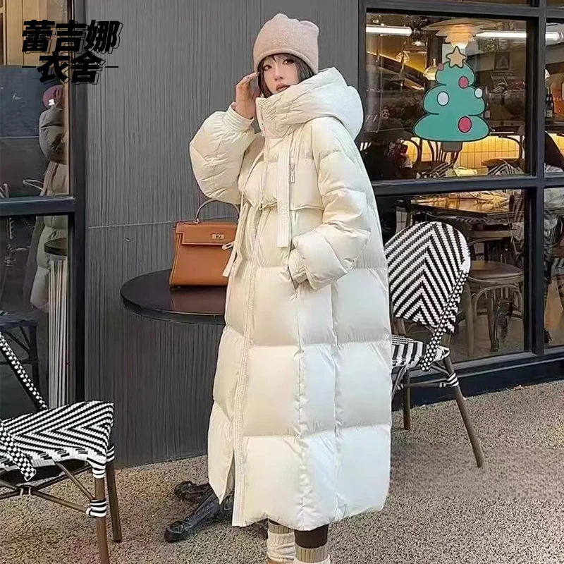 蕾吉娜衣舍2024新款鸭绒羽绒服女连帽飘带大被子保暖长款羽绒服