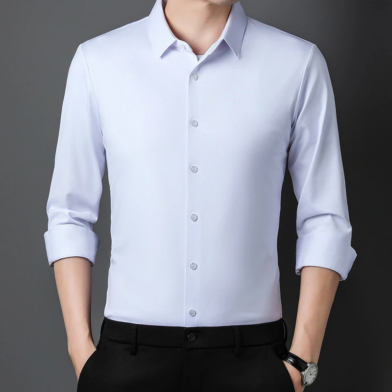 施凯森秋季新款男士无痕纯色长袖衬衫抗皱免烫商务休闲高弹力衬衣