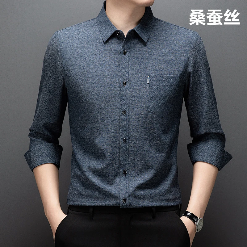 施凯森秋季新款长袖衬衫男中年商务休闲真口袋桑蚕丝亚麻男士衬衫