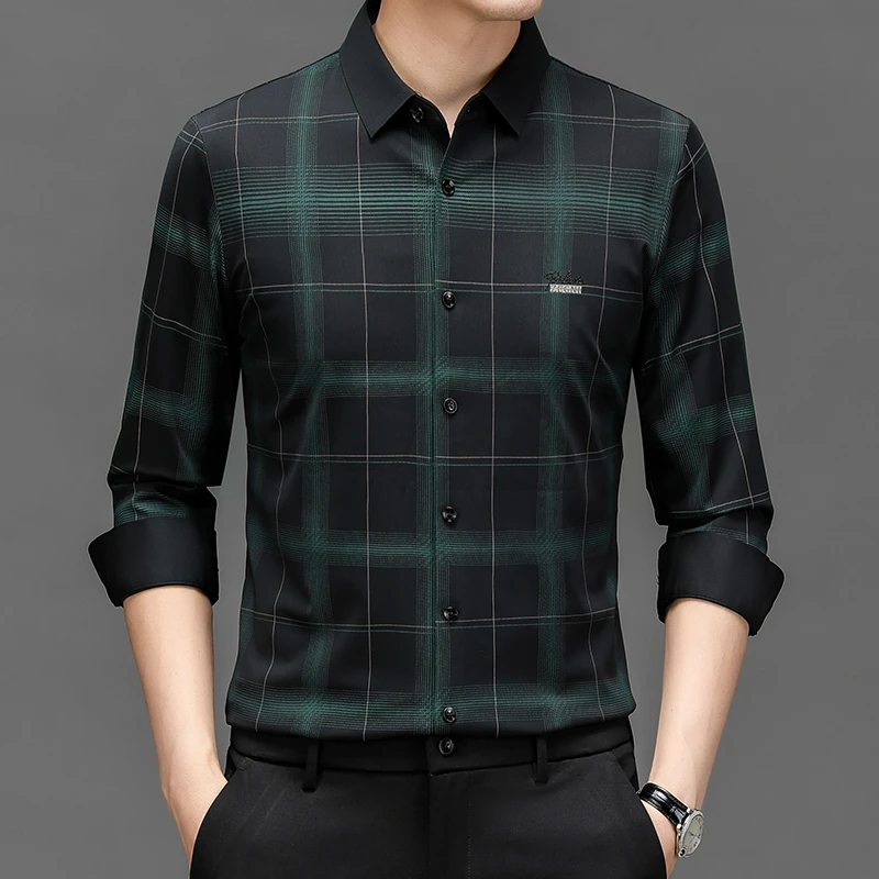 施凯森男士秋季长袖衬衫男新款商务休闲无痕免烫易打理格子衬衣男