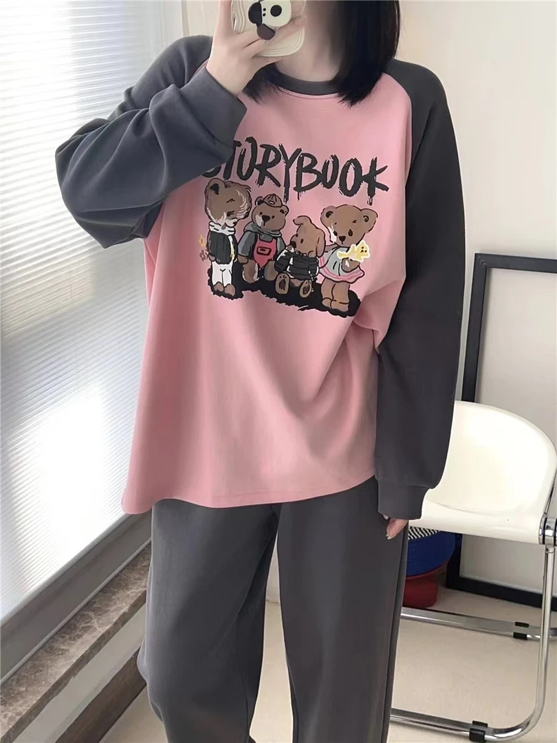 （德绒）秋冬款女士圆领套头长袖长裤家居服睡衣女套装卡通时尚休闲