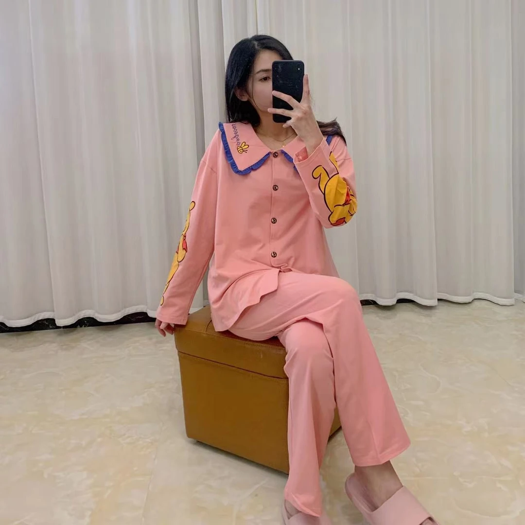2023秋冬新款开衫女款娃娃领领家居服刺绣小蜜蜂爽棉睡衣