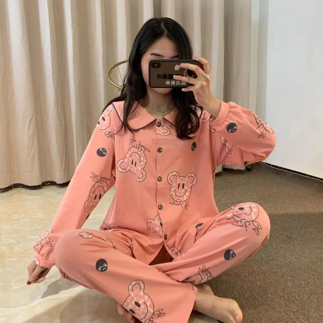 2023秋冬新款开衫女款娃娃领领家居服满印风小可爱爽棉睡衣