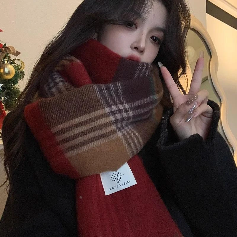 韩国红色格子围巾女冬季2025新款复古拼色学生保暖防寒仿羊绒围脖