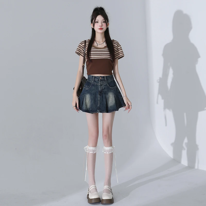 复古美式高腰牛仔半身裙女夏季防走光内衬小个子a字辣妹百褶短裙