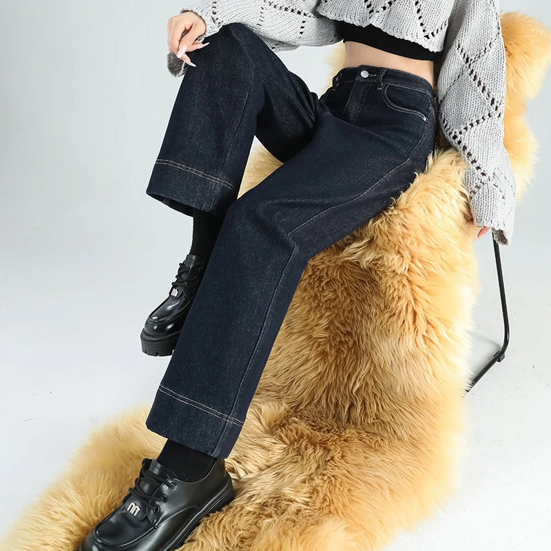 深蓝高腰加绒直筒牛仔裤女2024秋冬新款显瘦宽松小个子九分阔腿裤