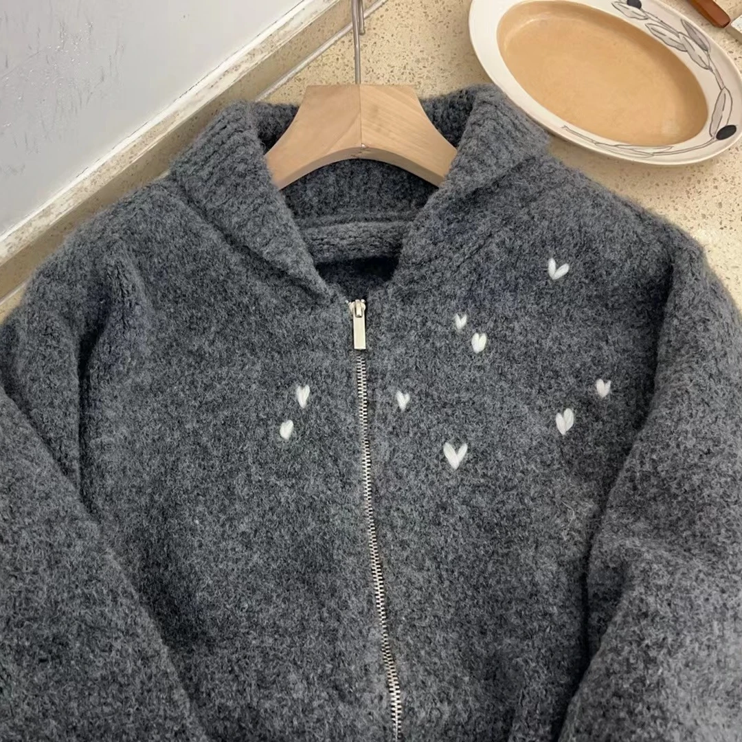 新款气质休闲韩版简约提花爱心开衫毛衣Z2275