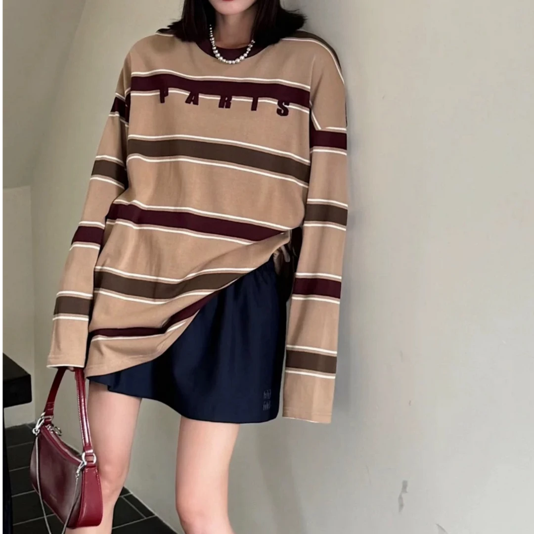 新款气质休闲韩版简约条纹长袖卫衣T3096