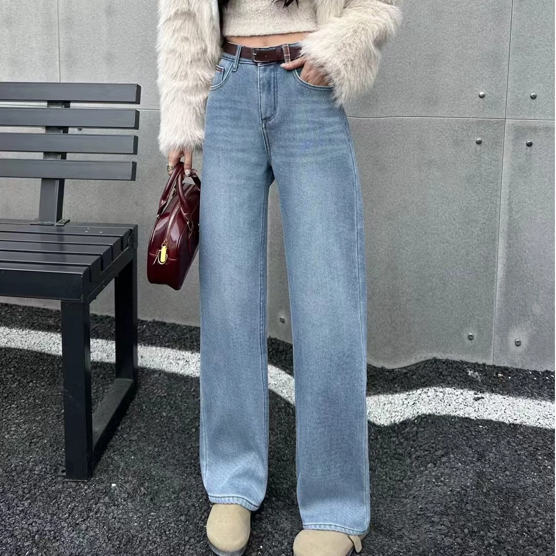 新款气质休闲韩版简约厚绒直筒牛仔裤R6669