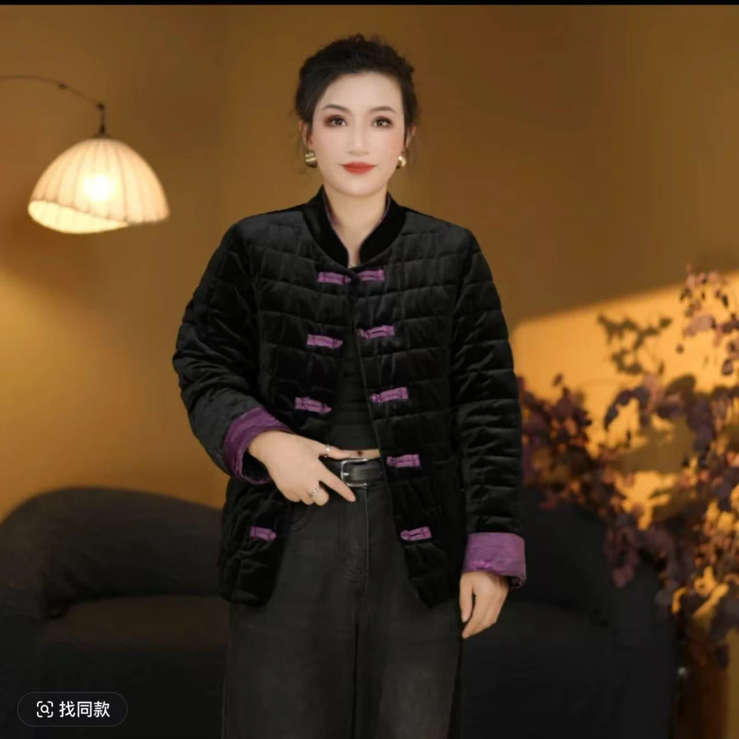 6018新款新中式丝绒盘扣复古加厚保暖立领冬季加厚棉服