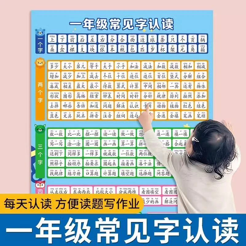 一年级常见字认读挂图早教语文认读识字儿童早教学习识字知识挂图