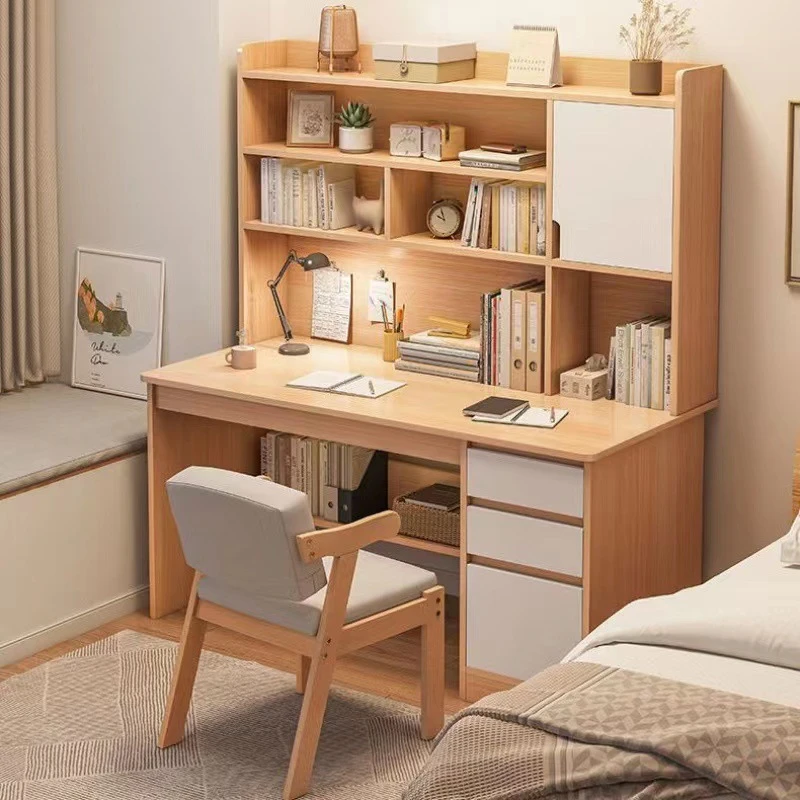 书桌书架一体带书柜简约家用卧室女学生学习桌椅组合台式电脑桌子