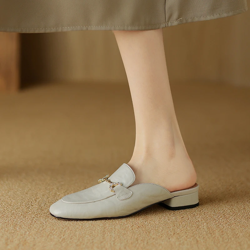 夏季外穿真皮包头半拖软底一脚蹬休闲平底穆勒凉拖百搭法式凉鞋