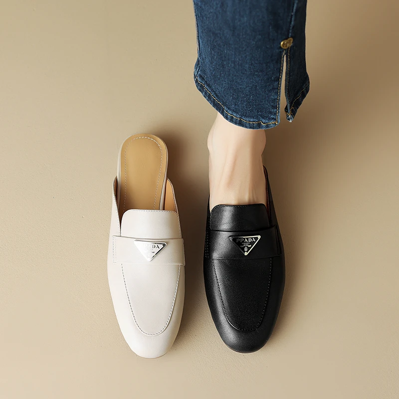 夏季新款真皮凉拖鞋女外穿时尚包头半拖鞋休闲平底穆勒鞋高级感