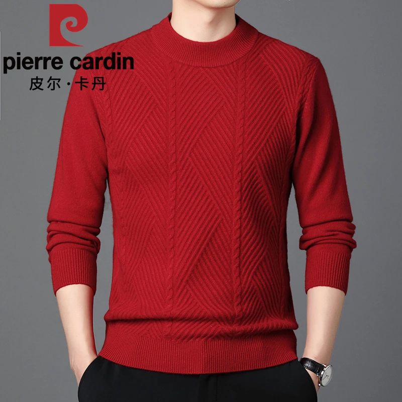 皮尔卡丹正品高档羊毛衫男士秋冬季半高领毛衣套头红色春节针织衫