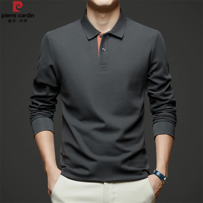皮尔卡丹高档POLO衫纯色休闲男春秋季100%棉长袖t恤宽松翻领上衣
