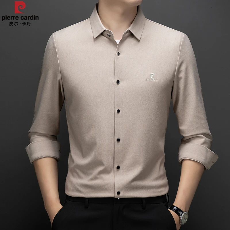 皮尔卡丹高档春秋新款长袖衬衫秋季休闲中年男士灯芯绒衬衣高弹