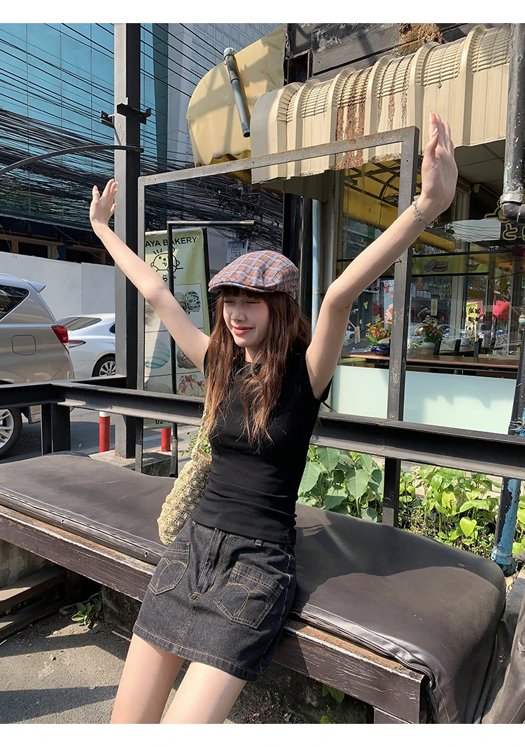 银河汽水 复古牛仔半身裙女夏贴布口袋设计短款A字裙
