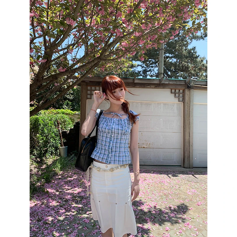 银河汽水 “海贝甜心”绑带设计格子衬衫女