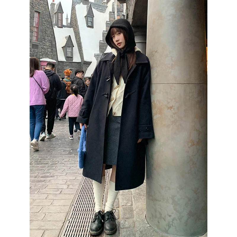 银河汽水冬季中长款牛角扣毛呢外套女小个子夹棉加厚翻领呢子大衣