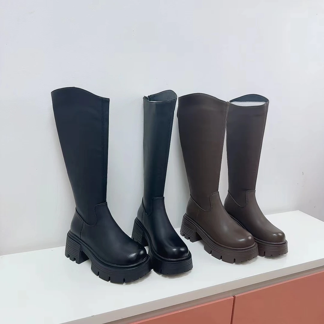 新款秋冬百搭小个子厚底加绒弹力长筒靴0569-3