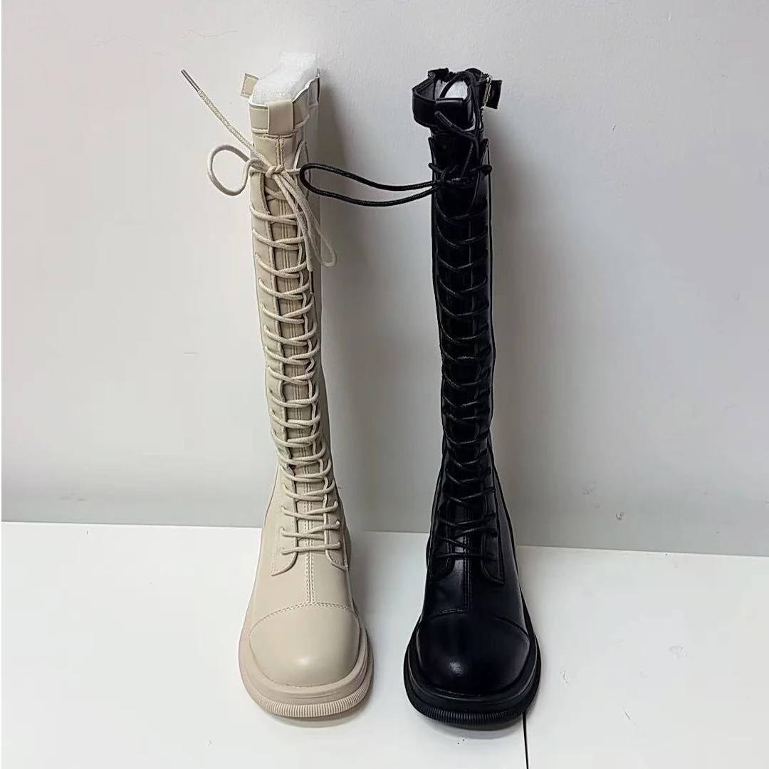 秋冬新款简约加绒后拉链显瘦百搭不过膝平底长筒靴609