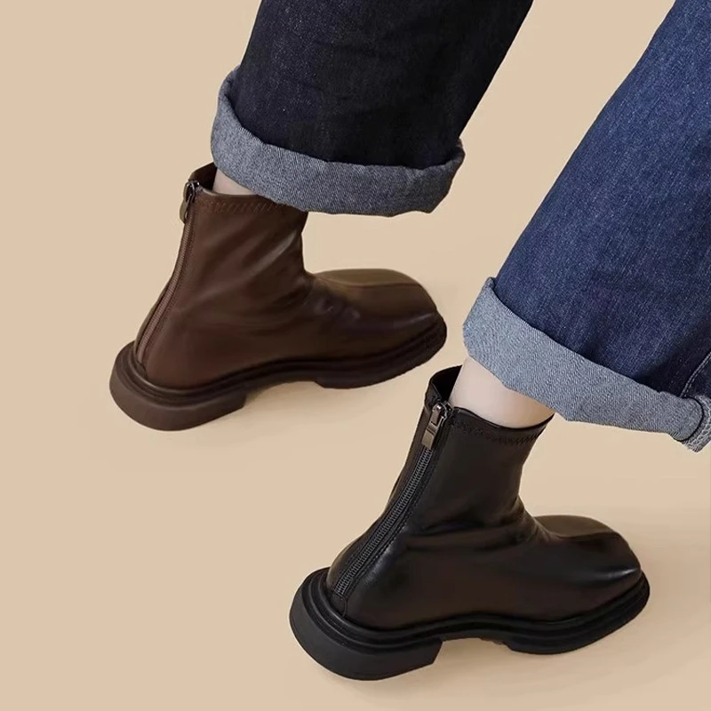 UHCK马丁靴女短靴2025新款春秋季单靴英伦风复古方头弹力软底瘦瘦