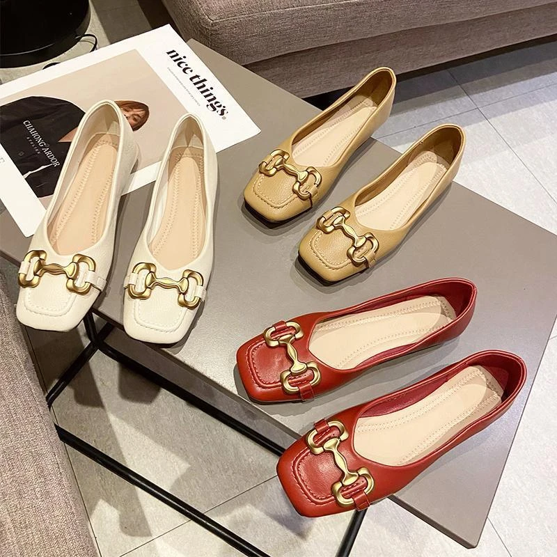 UHCK方头浅口单鞋女2024春季韩版时尚金属扣软底套脚平跟鞋豆豆鞋