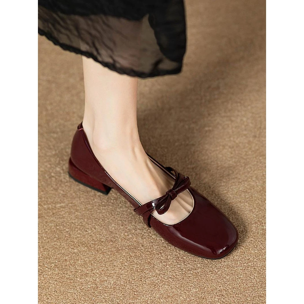 UHCK法式复古百搭低跟粗跟蝴蝶结玛丽珍鞋女2024春夏新款漆皮浅口