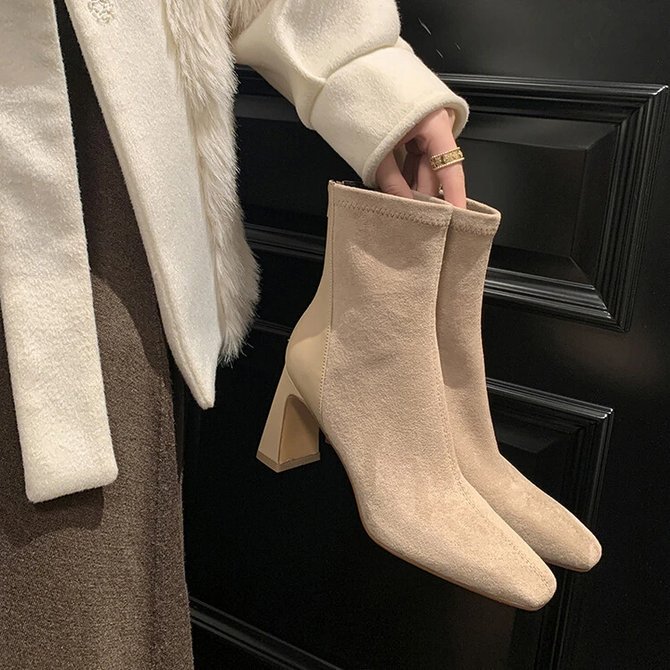 UHCK方头粗跟短靴女韩版拼接时装靴短筒高跟绒面袜靴弹力瘦瘦靴
