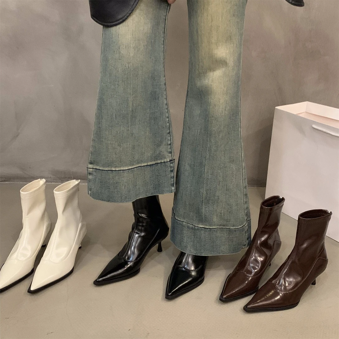 UHCK高跟尖头法式小短靴女鞋2025新款春秋冬季加绒瘦瘦靴韩系小踝