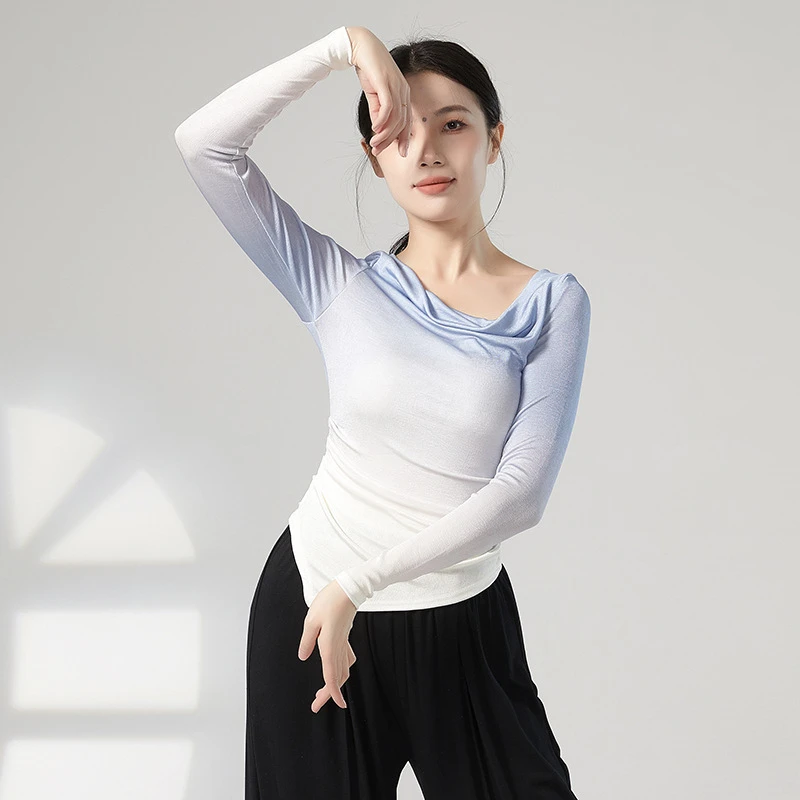 古典舞服渐变上衣荡领长袖现代舞修身显瘦日常形体练功服形体服女