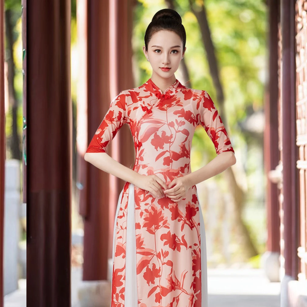 古典舞服装形体礼仪中国舞练功服女演出服旗袍舞蹈飘逸印花纱衣女