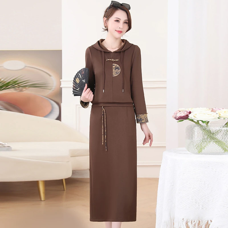 国风套装两件套气质大码连帽套裙1003