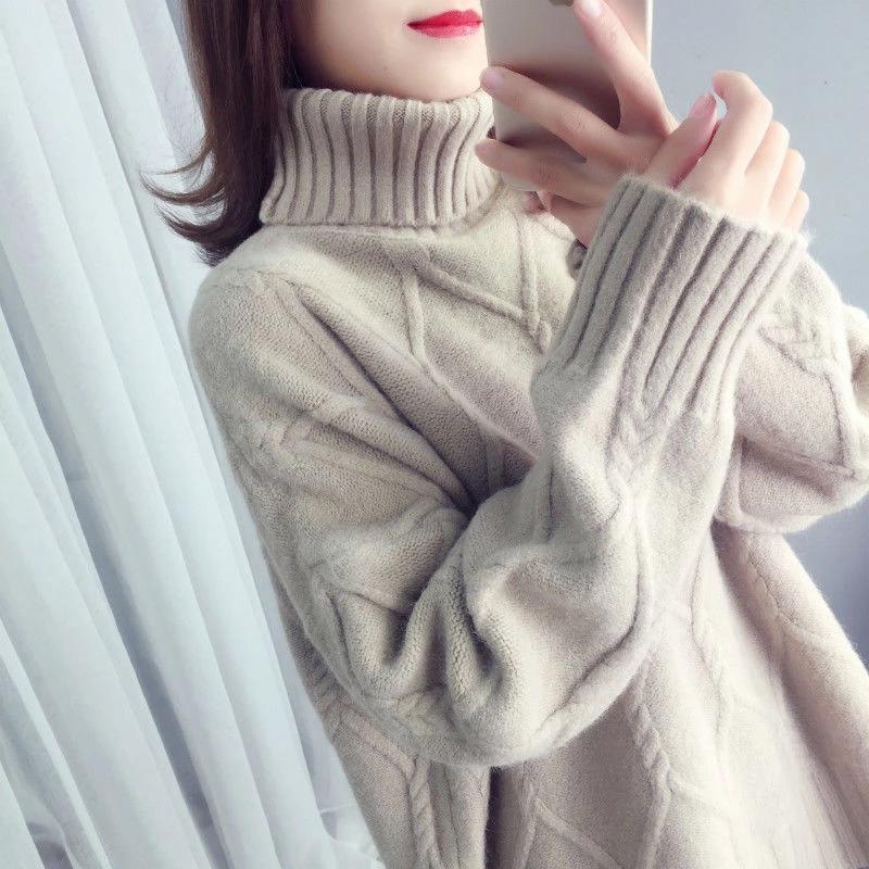 毛衣女新款宽松慵懒风冬季加厚套头针织外穿高领打底衫