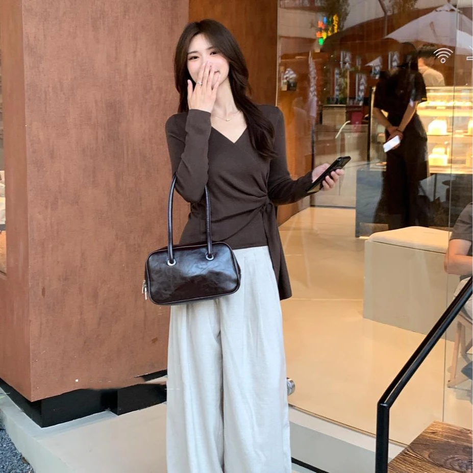 小个子高级感交叉绑带长袖上衣女时尚