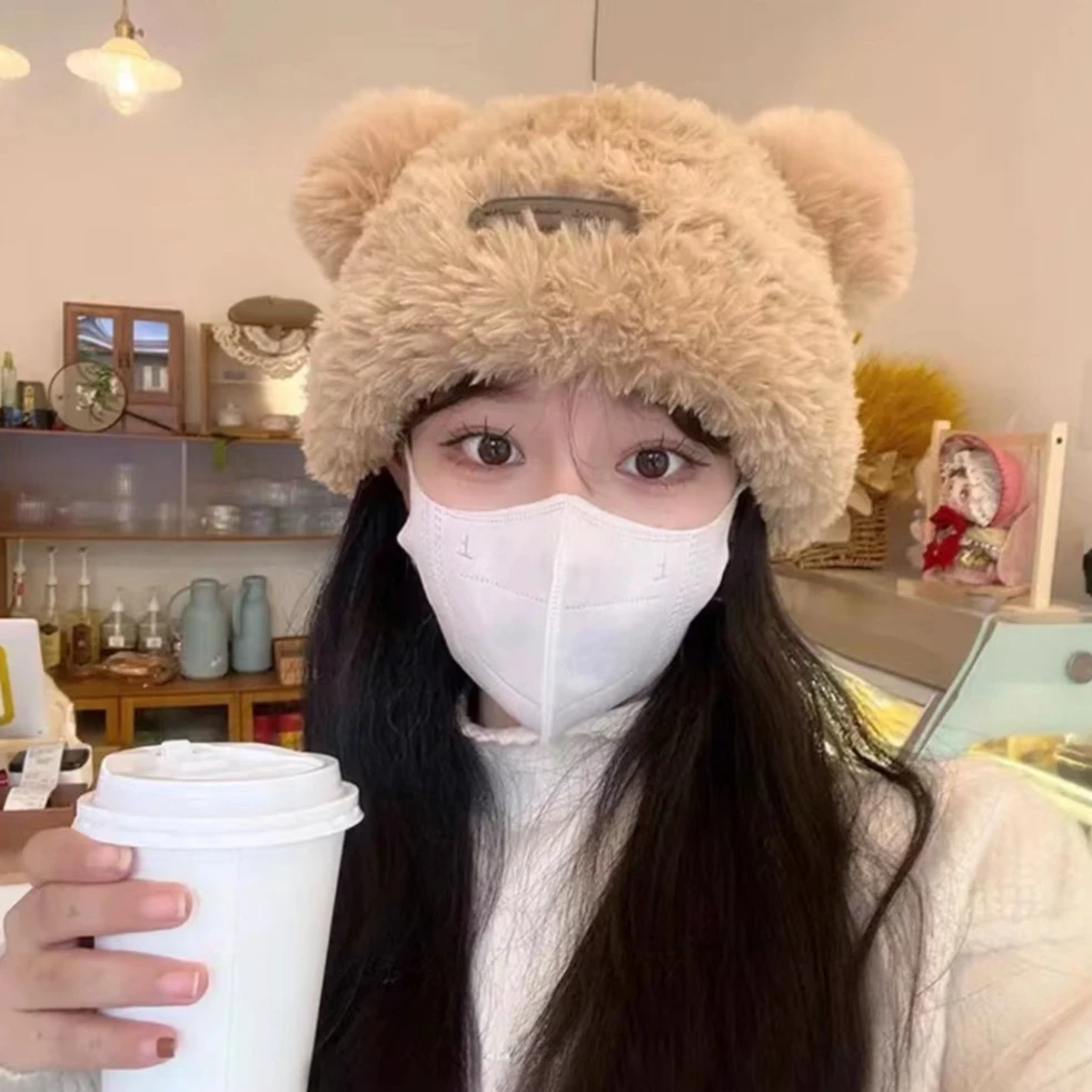 浪子闲话可爱甜美时尚百搭慵懒毛绒熊两球帽子