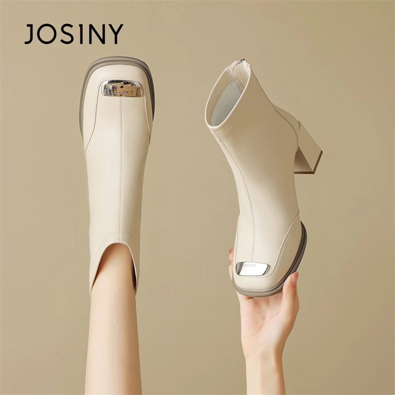 JOSINY/卓诗尼靴子女冬季2024新款粗跟时尚百搭白色中帮切尔西靴