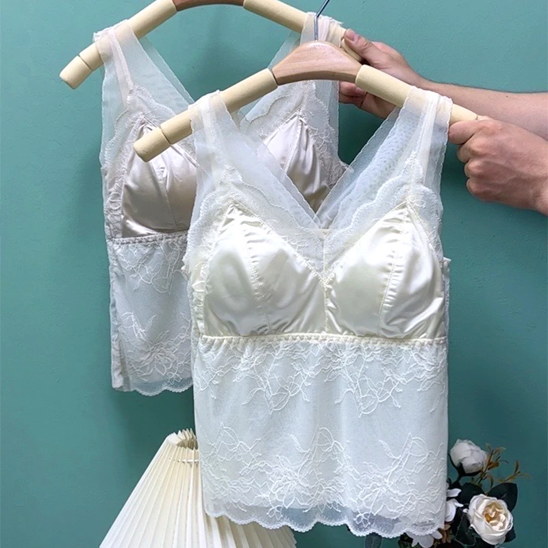 北极绒2439中长款蕾丝无痕女一体胸垫吊带背心舒适透气内搭大码