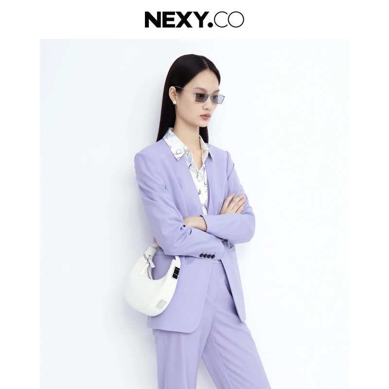 NEXY.CO/奈蔻香芋紫西装外套设计感无领西服上衣通勤款XA01332R4