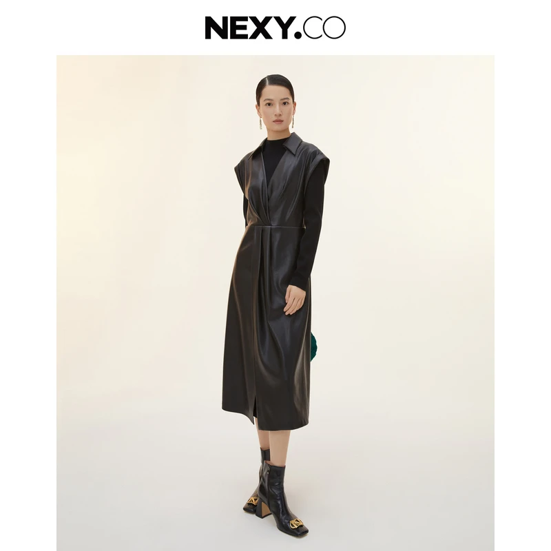 【新品上新】NEXY.CO/奈蔻复古连衣裙女黑色收腰拼接XF04354W0