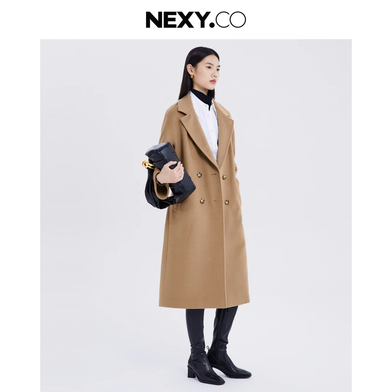 NEXY.CO/奈蔻驼色双面大衣冬款双排扣毛呢中长款时尚女XL00658C1