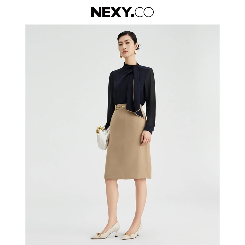NEXY.CO/薄款春夏秋透气斜襟衬衫优雅圆领通勤奈蔻上衣XD02525Q7